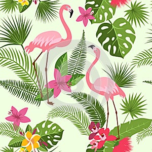 Vector seamless pattern with flamingo, tropical flowers and palm tree. Summer hawaiian background