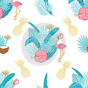 Vector seamless pattern with flamingos, tropical leaves, coconut and pineapple on a white background. Tropical exotic