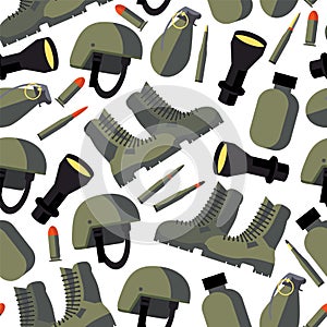 Vector seamless pattern with flat army goods like helmet, flask, flashlight, military boots and bullets on white background. Flat