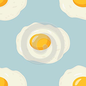 Vector Seamless Pattern with Flat Fried Egg, Omelet on a Blue Background. Healthy Breakfast, Protein Food, Diet Meal