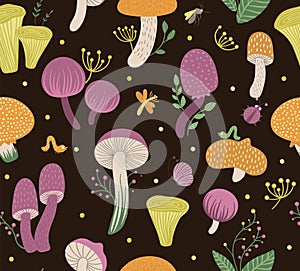 Vector seamless pattern of flat funny mushrooms with berries, leaves and insects. Autumn repeat background for childrenâ€™s design