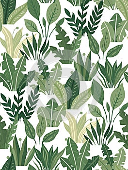 Vector seamless pattern with flat hand-drawn plants on a white background. Botanical surface design for fabrics, wallpaper and