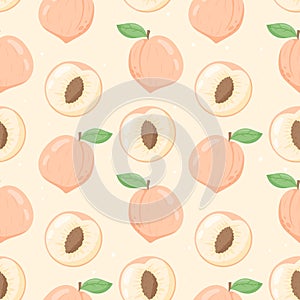 Vector seamless pattern with flat ripe peach or nectarine with leaves