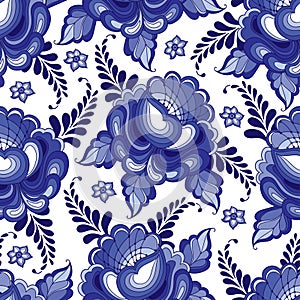 Vector seamless pattern with floral motif in traditional Russian style Gzhel on the white background. photo