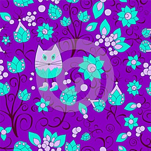 Vector seamless pattern with flower,cat and butterfly, cartoon d