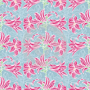 Vector seamless pattern with flowers. Blue and pink pattern.