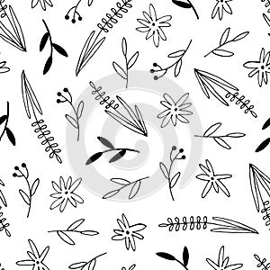 Vector seamless pattern with flowers and branches. Hand drawn illustration. Repeat ornament