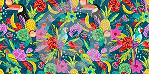 Vector seamless pattern with flowers, fruits, birds, musical instruments. Brazil carnival. Design templates for carnival