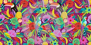 Vector seamless pattern with flowers, fruits, birds, musical instruments. Brazil carnival. Design templates for carnival