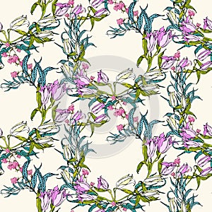 Vector seamless pattern with flowers and leaves