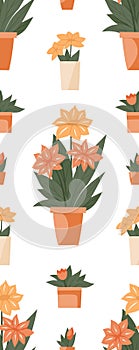 Vector seamless pattern with flowers and leaves in various pots on white background. Hobby garden textile. Texture with flat