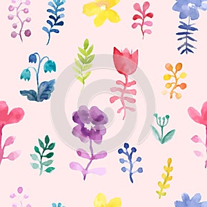 Vector seamless pattern with flowers and plants. On a pink background watercolor Floral decor. Original floral background. Pattern