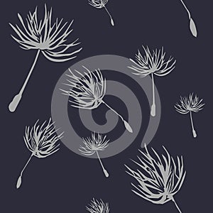 Vector seamless pattern of flying dandelion fluff on blue background