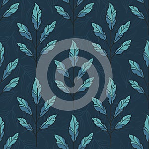 Vector seamless pattern with foliate twigs with blue leaves on dark blue background.