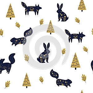 Vector seamless pattern with forest animals in Scandinavian style