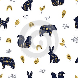Vector seamless pattern with forest animals in Scandinavian style