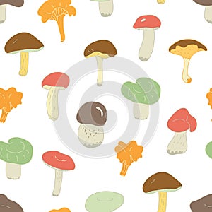 Vector seamless pattern with forest edible mushrooms