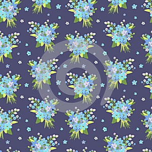 Vector seamless pattern with forget-me-not flowers bouquet on the dark background. Cute pattern with blue flowers