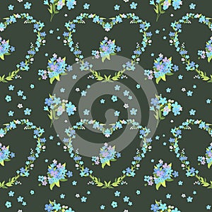 Vector seamless pattern with forget-me-not flowers bouquet on the dark background. Cute pattern with blue flowers