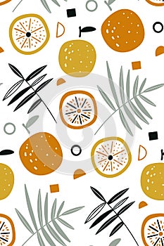 Vector seamless pattern with fresh oranges and leaves. Orange tropical fruits. Fruit repeated background. Vector bright print for