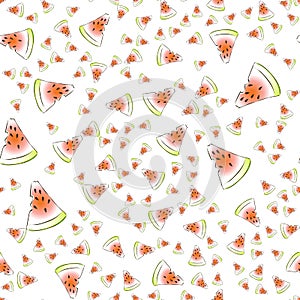 Vector seamless pattern with fresh watermelon slices on a white backgroud. Lifght backdrop.