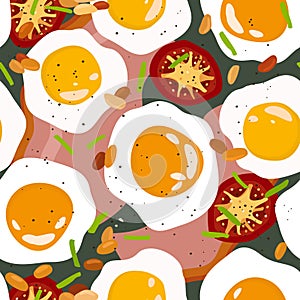 Vector seamless pattern with fried eggs, tomatoes, slices of ham and beans. English breakfast concept