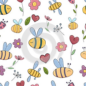 Vector seamless pattern, funny bee without background