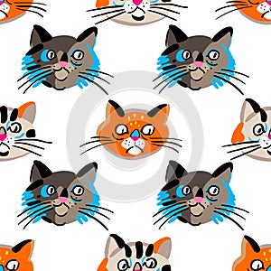 Vector seamless pattern with funny cats heads isolated on white background. Cute animal theme background. Stock clipart