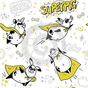 Vector seamless pattern with funny pig super hero hand drawn characters.