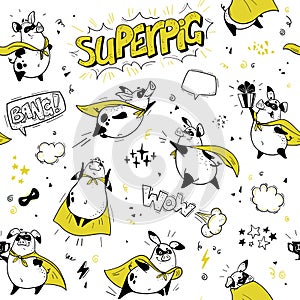 Vector seamless pattern with funny pig super hero hand drawn characters.