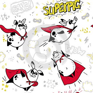 Vector seamless pattern with funny pig super hero hand drawn characters.