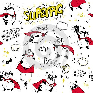 Vector seamless pattern with funny pig super hero hand drawn characters.