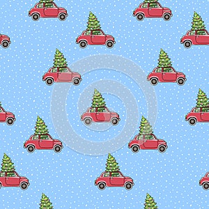 Vector seamless pattern with funny red car carring christmas tree inside, snowflakes falling down