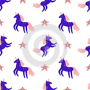 Vector seamless pattern with funny unicorns and stars isolated on white background. Cute magic background. Fantasy wallpaper