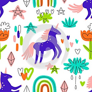 Vector seamless pattern with funny unicorns, stars, rainbows, flowers isolated on white background. Cute magic background.