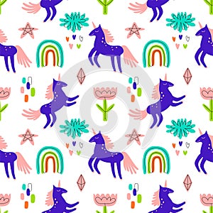 Vector seamless pattern with funny unicorns, stars, rainbows, flowers isolated on white background. Cute magic background.