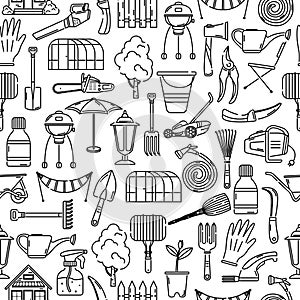The vector seamless pattern with garden tools. Background