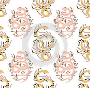 Vector seamless pattern with gentle snakes and herbs. Animalistic texture with pink and yellow serpents, stems and foliage