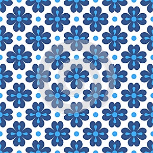 Vector seamless pattern. Geometric abstract flower, dots. Blue floral elements on white background. Seamless backdrop