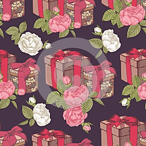 Vector seamless pattern with gift boxes and bouquets of roses.