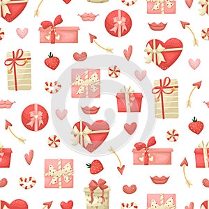 Vector seamless pattern with gift boxes, hearts and lips. Valentine`s day background in flat style