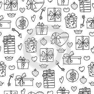 Vector seamless pattern with gift boxes, hearts and lips. Valentine`s day background in outlines