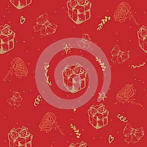 Vector seamless pattern with Gift boxes,ribbons, rose. Abstract colorful background. Design concept for holidays