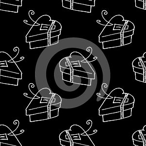 Vector seamless pattern with gift boxes in shape of heart. Hand drawn holiday background and texture in doodle