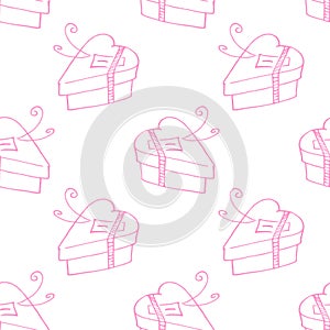 Vector seamless pattern with gift boxes in shape of heart. Hand drawn holiday background and texture in doodle. For wrapping paper