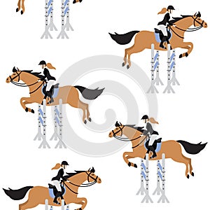 Vector seamless pattern of girl riding horse