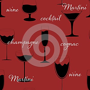 Vector seamless pattern of glasses for various drinks with inscriptions on a red background.