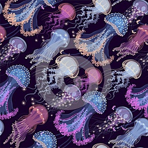 Vector seamless pattern with glowing jellyfish