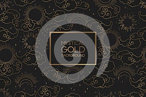 Vector seamless pattern with gold abstract sun, moon, stars and clouds isolated on black background. Mystical and mysterious