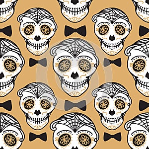 Vector Seamless pattern Gold Calavera skull with bow tie. Hand drawn Virile male design texture